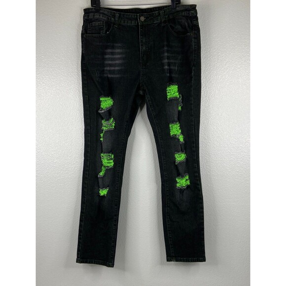 Unbranded Other - Men 36/29 Black Stretch Denim Jeans Green Distressed Urban Wear
